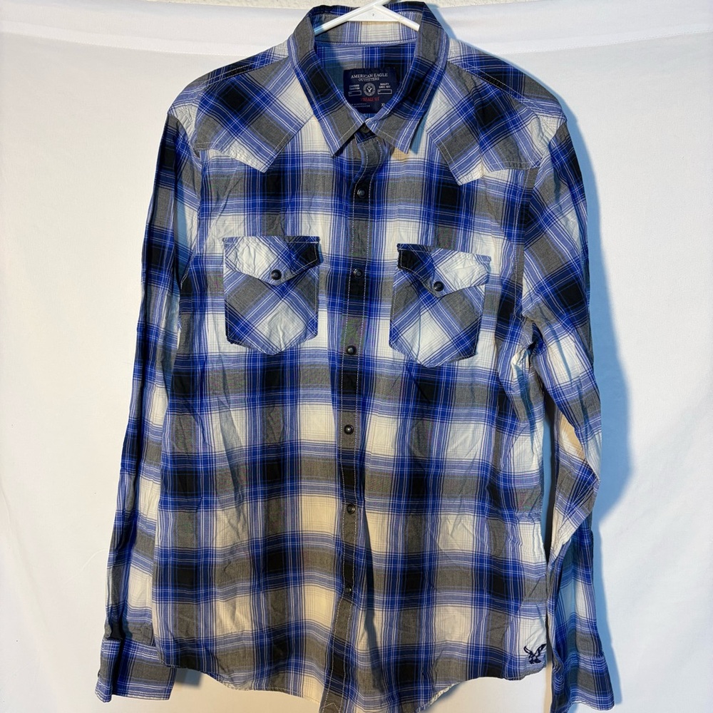 American Eagle Vintage Fit Plaid Button Down Shirt Men’s XL Blue Gray Cotton